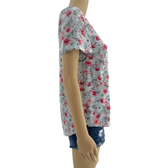 Kensie XS Gray Red Rose Floral Short Sleeve Tee Shirt T-Shirt Womens V Neck - Picture 3 of 5